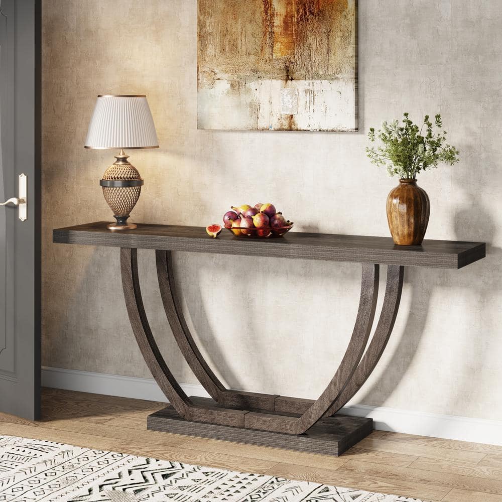 Gray 63-Inch Farmhouse Wood and Metal Console Table with Storage