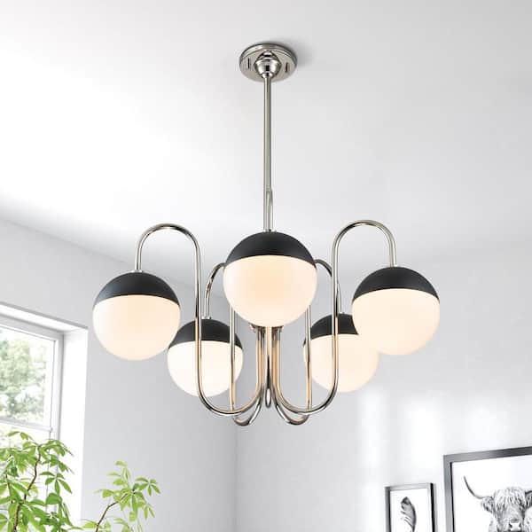 5-Light Polished Nickel Mid-Century Modern Sphere Chandelier with Opal Glass Shades