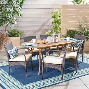 Mason Multi-Brown 7-Piece Wood and Faux Rattan Outdoor Dining Set with Cream Cushions