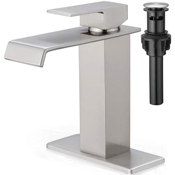 Single Handle Single Hole Waterfall Spout Deck Mount Bathroom Faucet with Drain Kit Included in Brushed Nickel