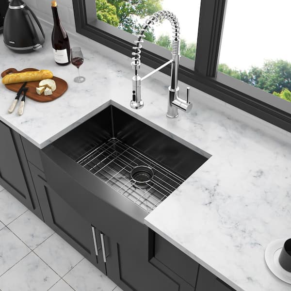 24 in. in Farmhouse Apron Front Single Bowl 16-Gauge Gunmetal Black Stainless Steel Kitchen Sink with Bottom Grids