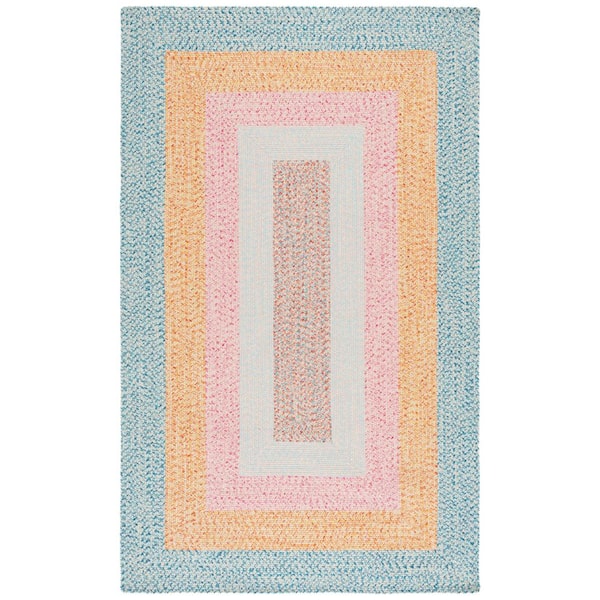 Braided Aqua/Pink 6 ft. x 9 ft. Machine Washable Solid Striped Border Area Rug