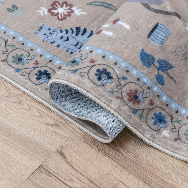 Catmosphere Festive Feline Floral Border Non-Slip Machine-Washable Tan 9 ft. x 12 ft. Area Rug