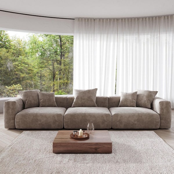 141.73 in. Wide Square Arm Corduroy Modular Sectional Deep Seat Removable Covers Sofa in Brown