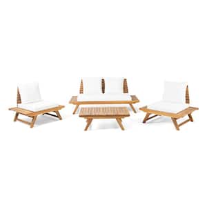 Sedona Teak Brown 4-Piece Wood Outdoor Patio Conversation Set with White Cushions