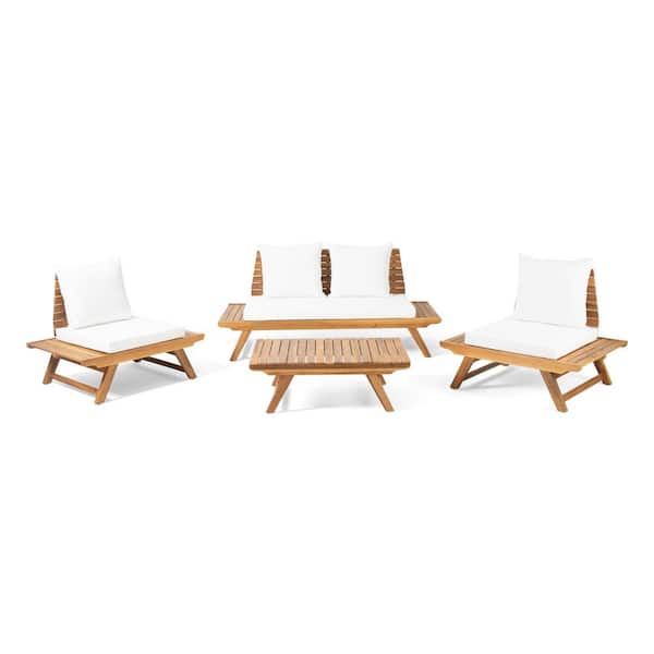 Noble House Sedona Teak Brown 4-Piece Wood Outdoor Patio Conversation Set with White Cushions