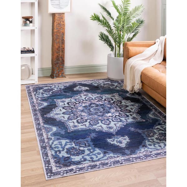 Renaissance Roma Navy Blue 7 ft. x 10 ft. Machine Washable Area Rug