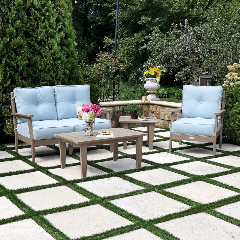 Lehigh Woodland Brown 4-Piece Deep Seating Patio Conversation Set with Sunbrella Bliss Dew Cushions price history on PriceWatchPro