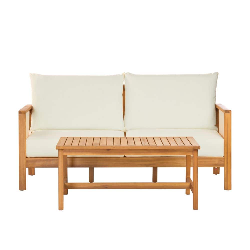 Nancy 2-Piece Acacia Wood Patio Conversation Set with Beige Cushions, Teak Coffee Table