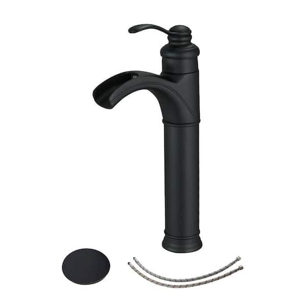 FLG Single Handle Single Hole Waterfall Bathroom Vessel Sink Faucet Brass Tall Tapswith Pop-Up Drain Assembly in Matte Black