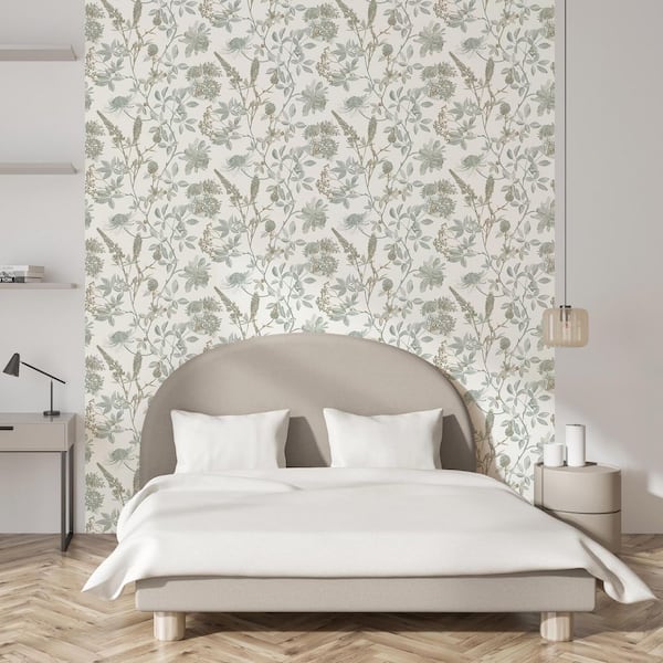 Botanical Blueprint Painterly Branches Green with Ecru Cream Ground Wallpaper