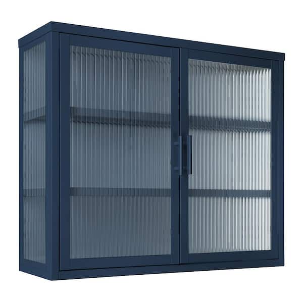 Miscool Anky 27.6 in. W x 9.1 in. D x 23.6 in. H Retro Bathroom Storage Wall Cabinet with Fluted Glass Doors in Blue