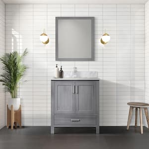 Jacques 30 in. W x 22 in. D Distressed Grey Bath Vanity, Carrara Marble Top, Faucet Set, and 28 in. Mirror
