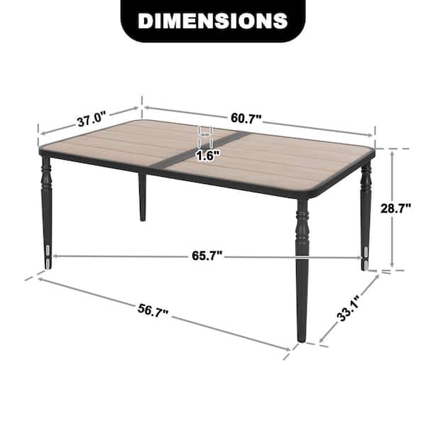 Black Rectangle Metal Outdoor Dining Table with Wood-Grain Tabletop, Umbrella Hole