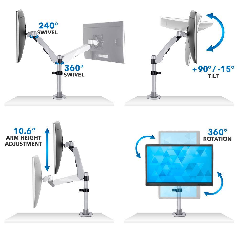 Silver Aluminum Single Monitor Desk Mount with Gas Spring Arm