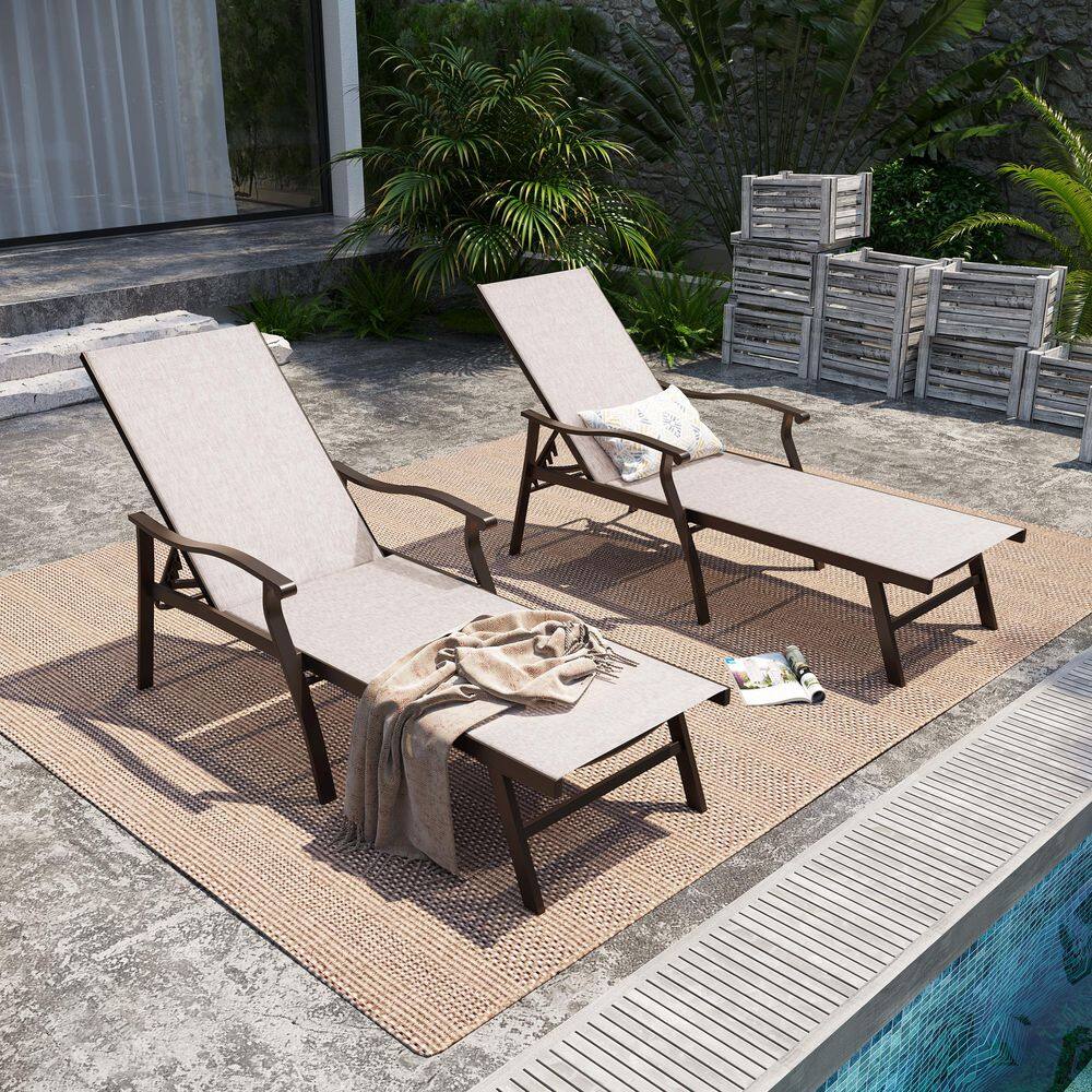 Pellebant Metal Aluminum Outdoor Chaise Lounge Chairs Set of 2 with Arms, Adjustable Patio Pool Lounger, Beige PB-LG008BEI-2PC