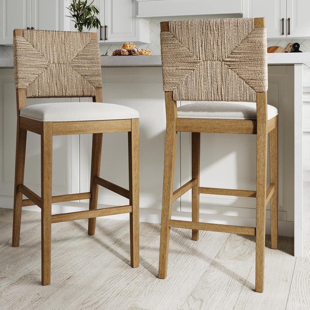 Beacon Light Brown Wood Bar Stool with Cream Boucle Upholstery