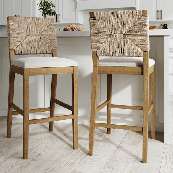 Beacon 29 in. Bohemian Boucle Upholstered Wood Bar Height Bar Stool w/Woven Back, Cream Boucle/Light Brown, Set of 2