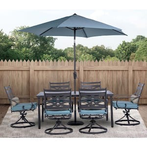 Montclair 7-Piece Steel Outdoor Dining Set with Ocean Blue Cushions, 6 Swivel Rockers, 40x66 in. Table and Umbrella