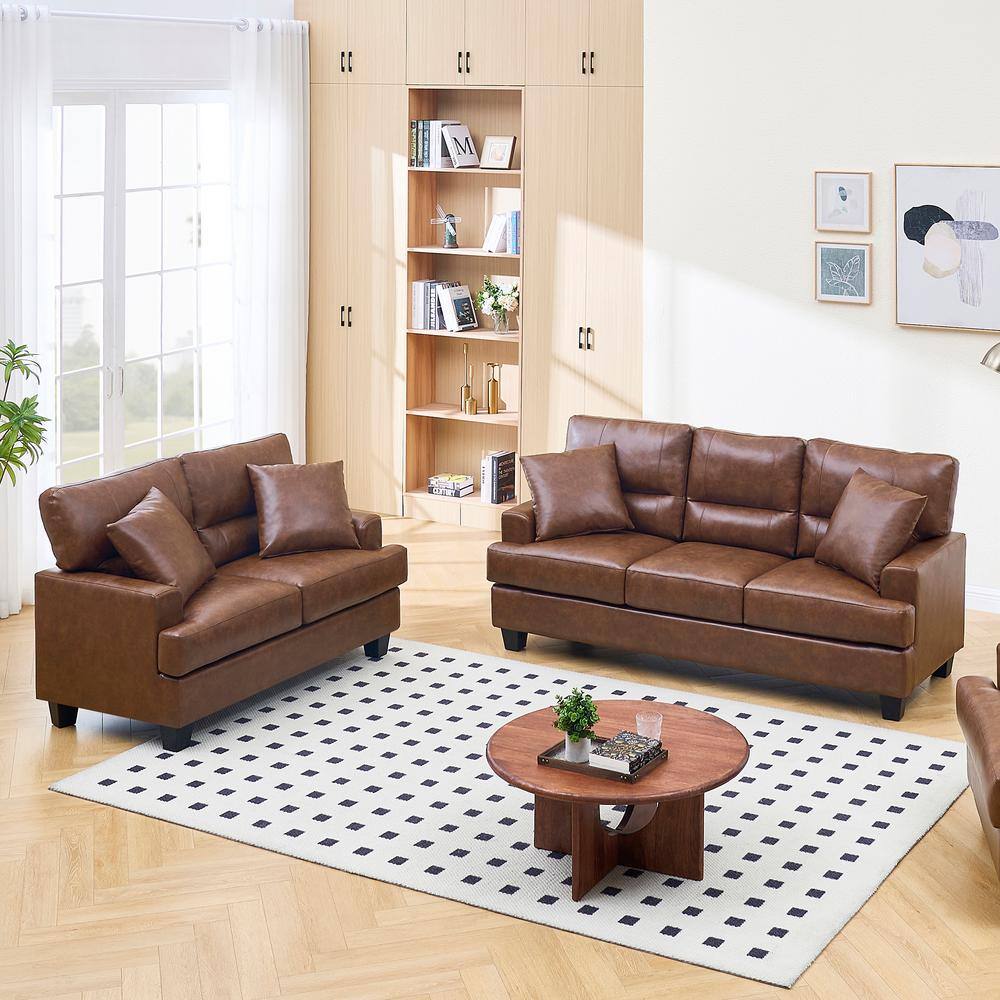 2-Piece Garrin Series Modern Couch Set Brown Faux Leather Sofa and Loveseat Living Room Set