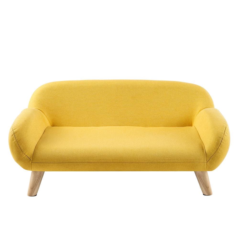 Medium Yellow Fabric Pet Sofa with Wooden Legs
