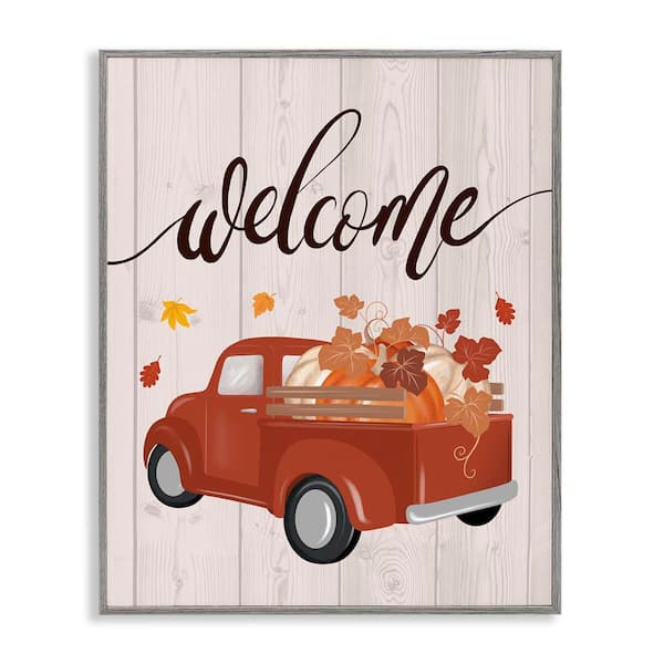 Stupell Industries Country Pumpkin Harvest Welcome by Jo Taylor Gray Framed Graphic Typography Art Print 11 in. x 14 in.