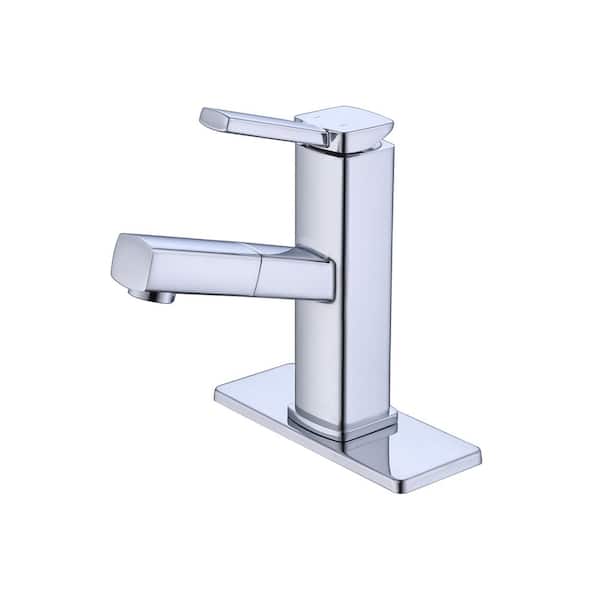 Mondawe Mondawell Pull Out Swivel Single Handle Single Hole Low Arc Bathroom Faucet with Pull Out Spray and Deckplate in Chrome