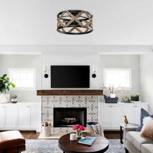15 in. 3-Light Black and Distressed Wood Farmhouse Drum Flush Mount Ceiling Light for Hallway