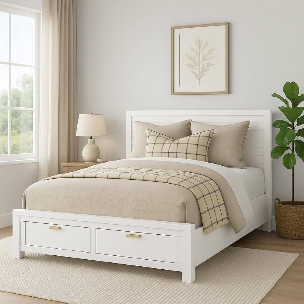 Fery White and Gold Wood Frame Queen Panel Bed with Panel Headboard and Storage