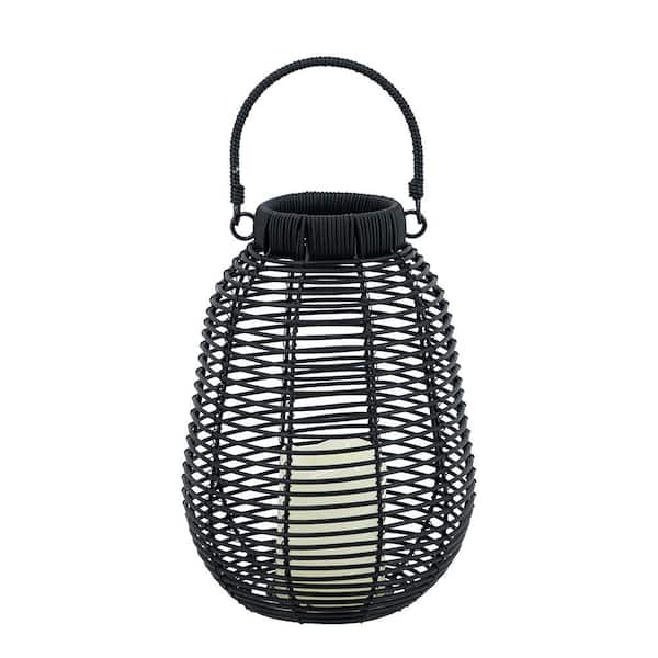 Classic 12 in. x 9 in. Black Round Rattan Lantern with LED Candle