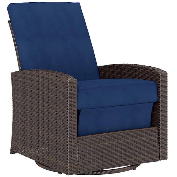 Wicker Swivel Outdoor Recliner Chair with Dark Blue Water Resistant Cushions for Patio