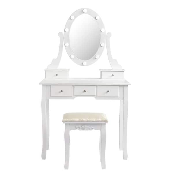 Karl home 5 Drawer Dressing Vanity Table Set White with Light Bulb Single Mirror