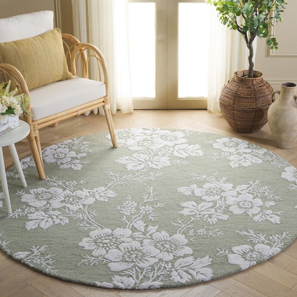 Glamour 6 ft. x 6 ft. Sage/Ivory Solid Floral Round Area Rug