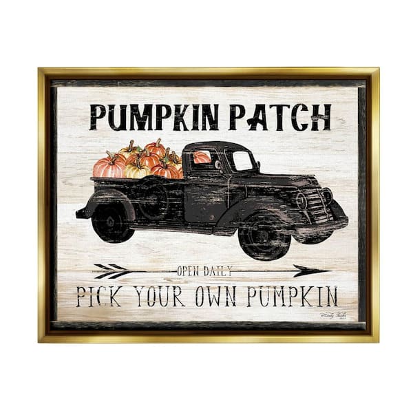 The Stupell Home Decor Collection Pumpkin Patch Farm Sign Fall Harvest Picking by Cindy Jacobs Floater Frame Country Wall Art Print 25 in. x 31 in.