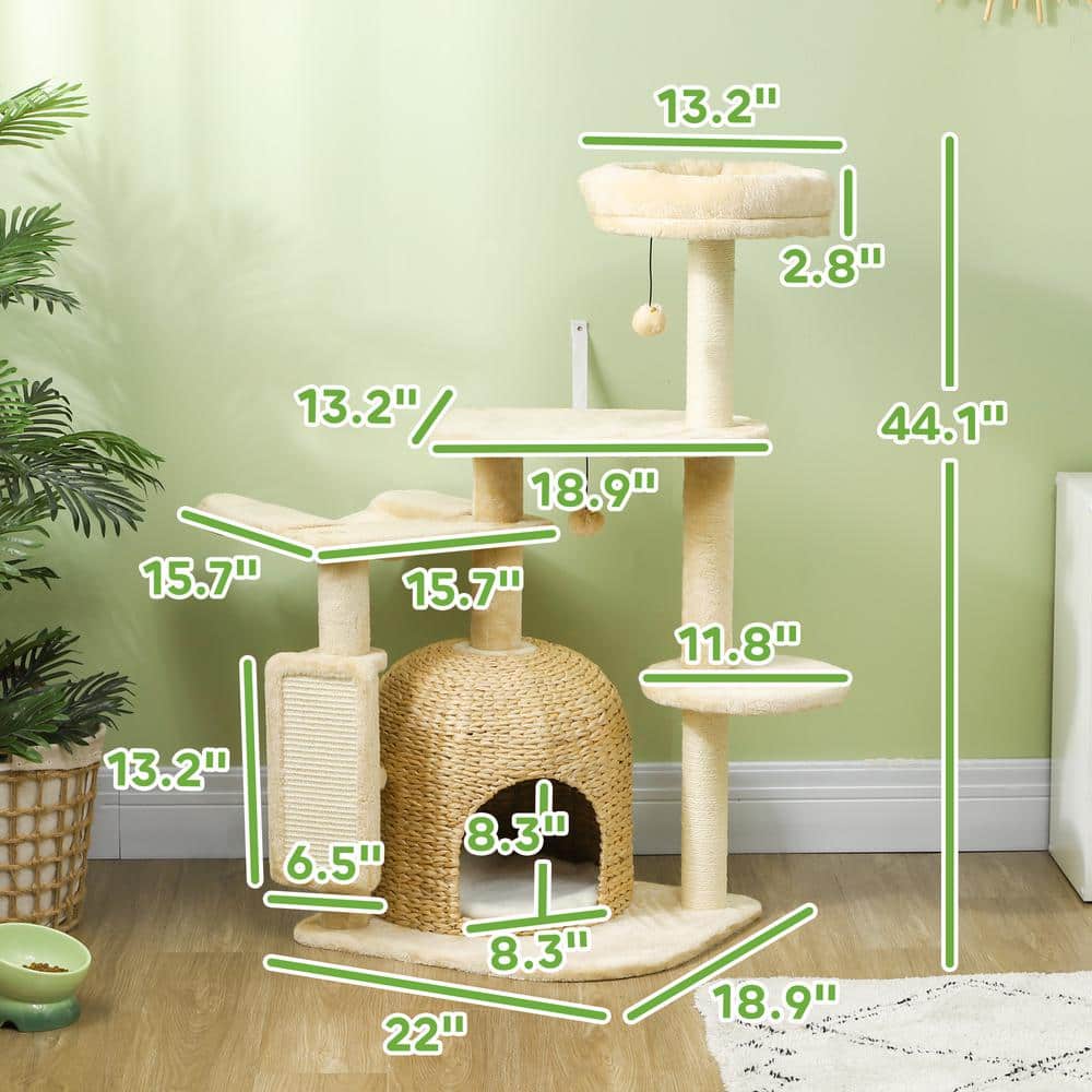 Beige Plush and Wicker 44" Cat Tree Tower with Hammock