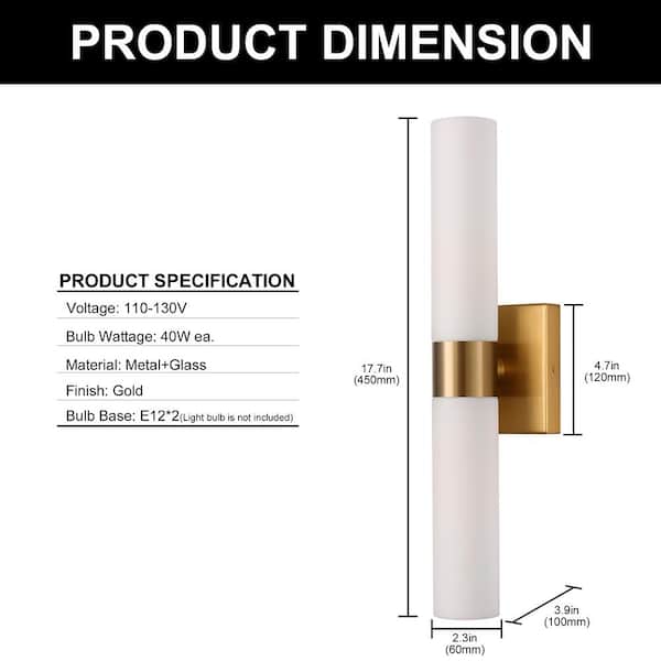 YANSUN 18 in. 2-Light Modern Gold and White Double Tube Wall