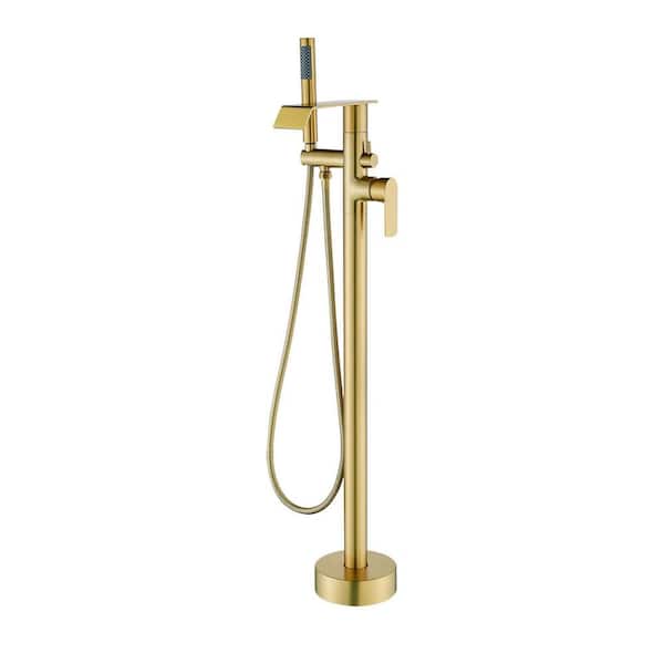 Single Handle Floor Mount Bathtub Faucet Freestanding Tub Filler Standing Shower Faucets with Handheld Shower in Gold