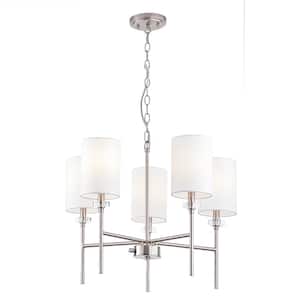 Dawson Five Lights Chandelier Modern Brushed Nickel Finish with White Fabric Shades
