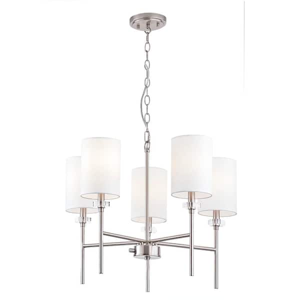 Home Decorators Collection Dawson Five Lights Chandelier Modern Brushed Nickel Finish with White Fabric Shades