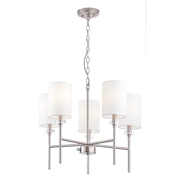 5 Light Modern Brushed Nickel Finish Chandelier With White Fabric Shades