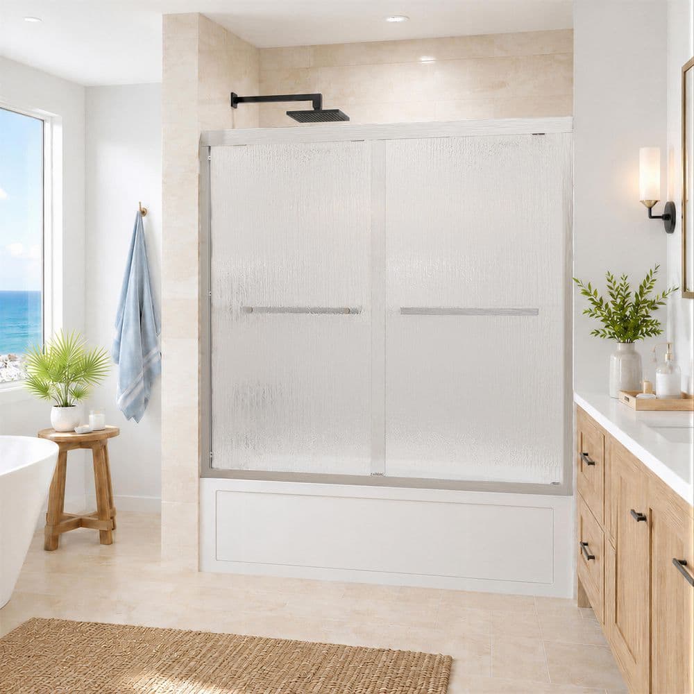 56 in.-60 in. W x 58 in. H Double Sliding Framed Tub Shower Door in Brushed Nickel with Rain Glass price history on PriceWatchPro