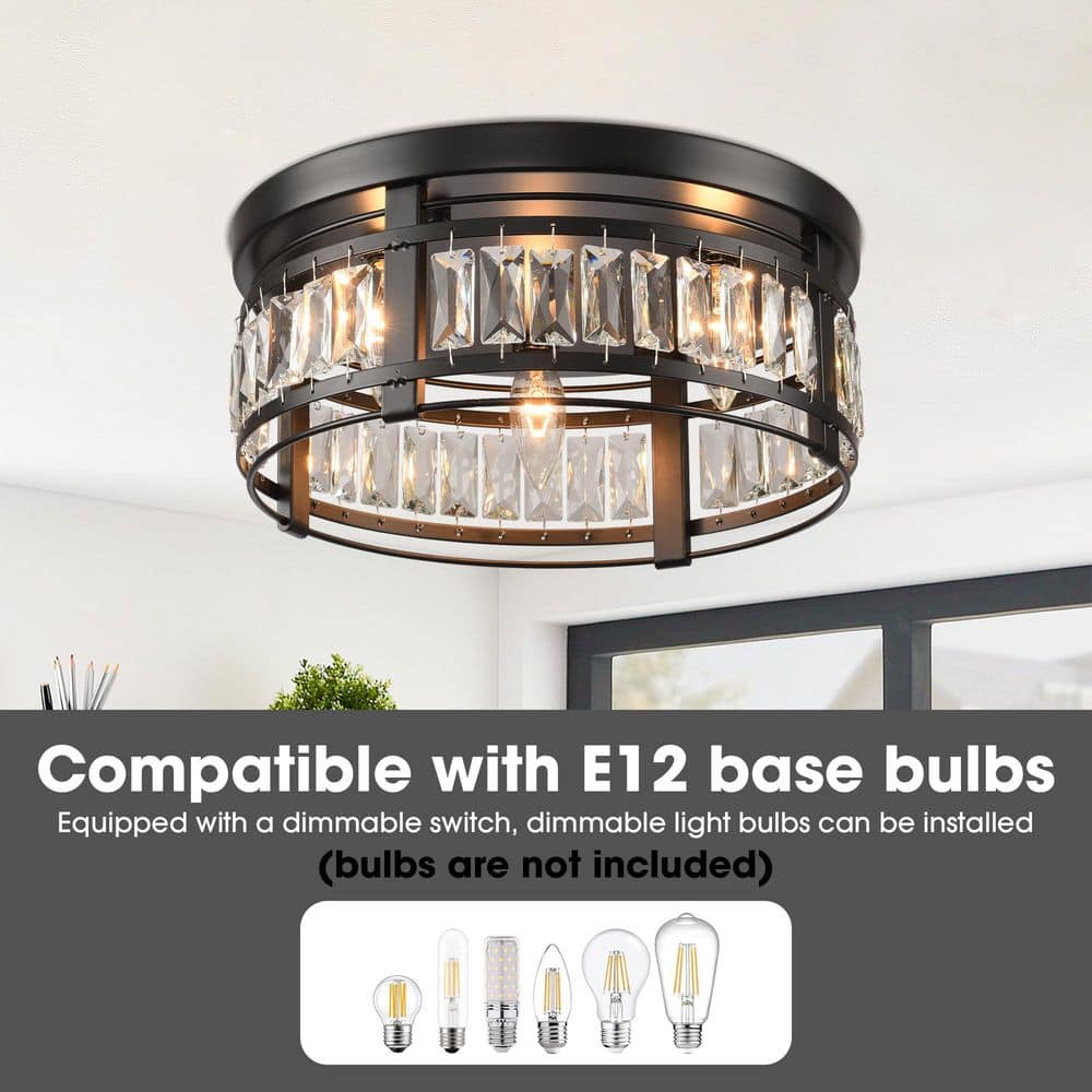 Matte Black Crystal Drum Flush Mount Ceiling Light