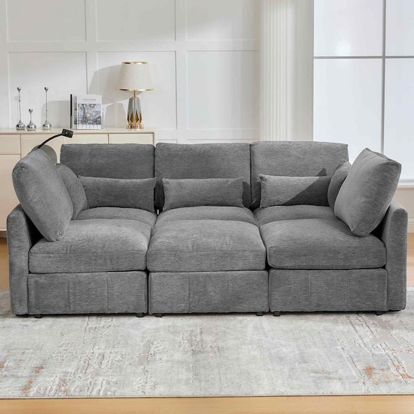 85.4 in. Round Arm Chenille Sectional Sofa with a Movable Ottoman and 2 USB Ports and a Phone Holder in Gray