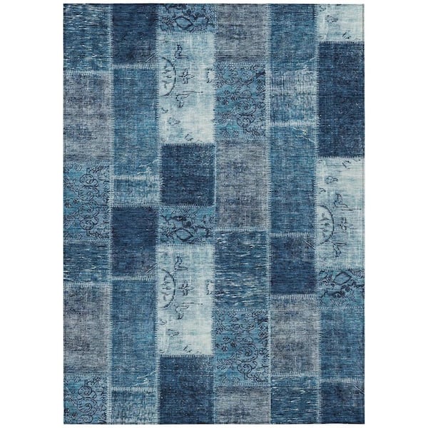 Navy Blue, Sky Blue 3 ft. x 5 ft. Woven Plaid Polyester Rectangle Indoor/Outdoor Area Rug