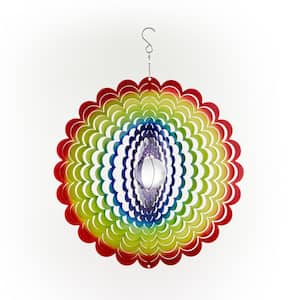 12 in. Round Outdoor Hanging Rainbow Flower Metal Planet Wind Spinner with Clear Glass Ball