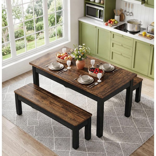 BYBLIGHT 3-Piece Rectangle Black and Brown Wood Top Dining Room