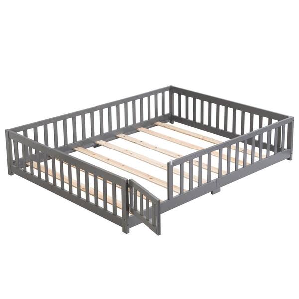 Gray Queen Solid Wood Platform Bed Frame with Fence and Door