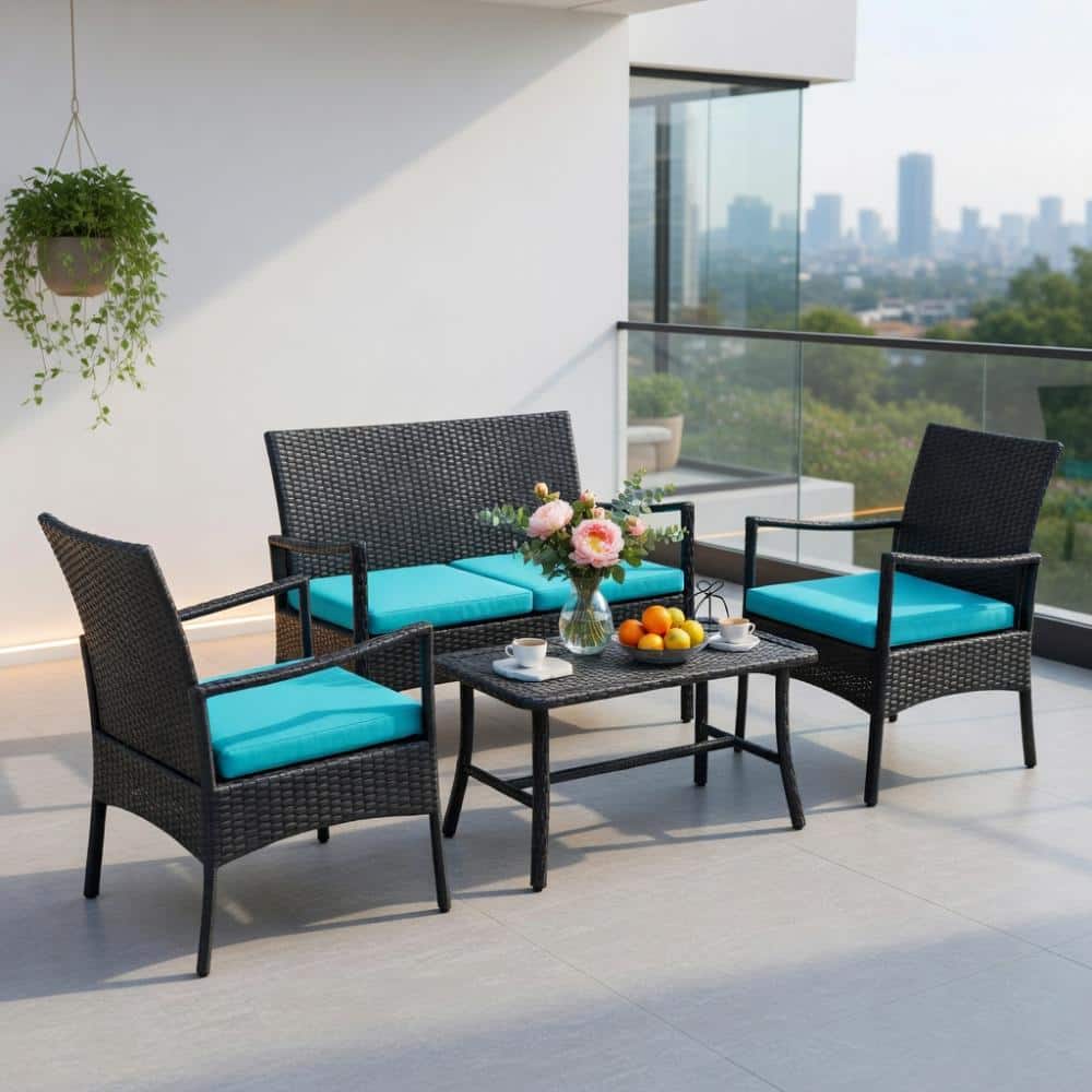 4-Piece PE Rattan Conversation Set – Tempered Glass Table, Navy & Turquoise Cushions & Metal Frame price history on PriceWatchPro