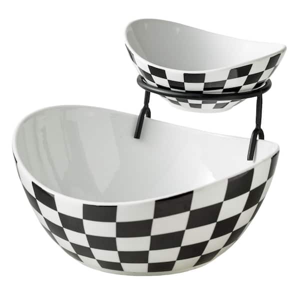 Black and White Pattern Ceramic 8 in. 45 fl. oz. Tiered Serving Bowls Chip and Dip Serving Set with Stand Set of 2