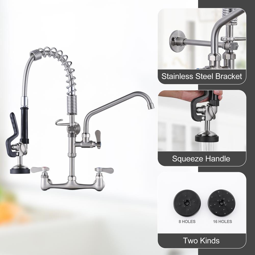 Brushed Nickel 21" Wall Mount Commercial Kitchen Faucet with Pull-out Spray